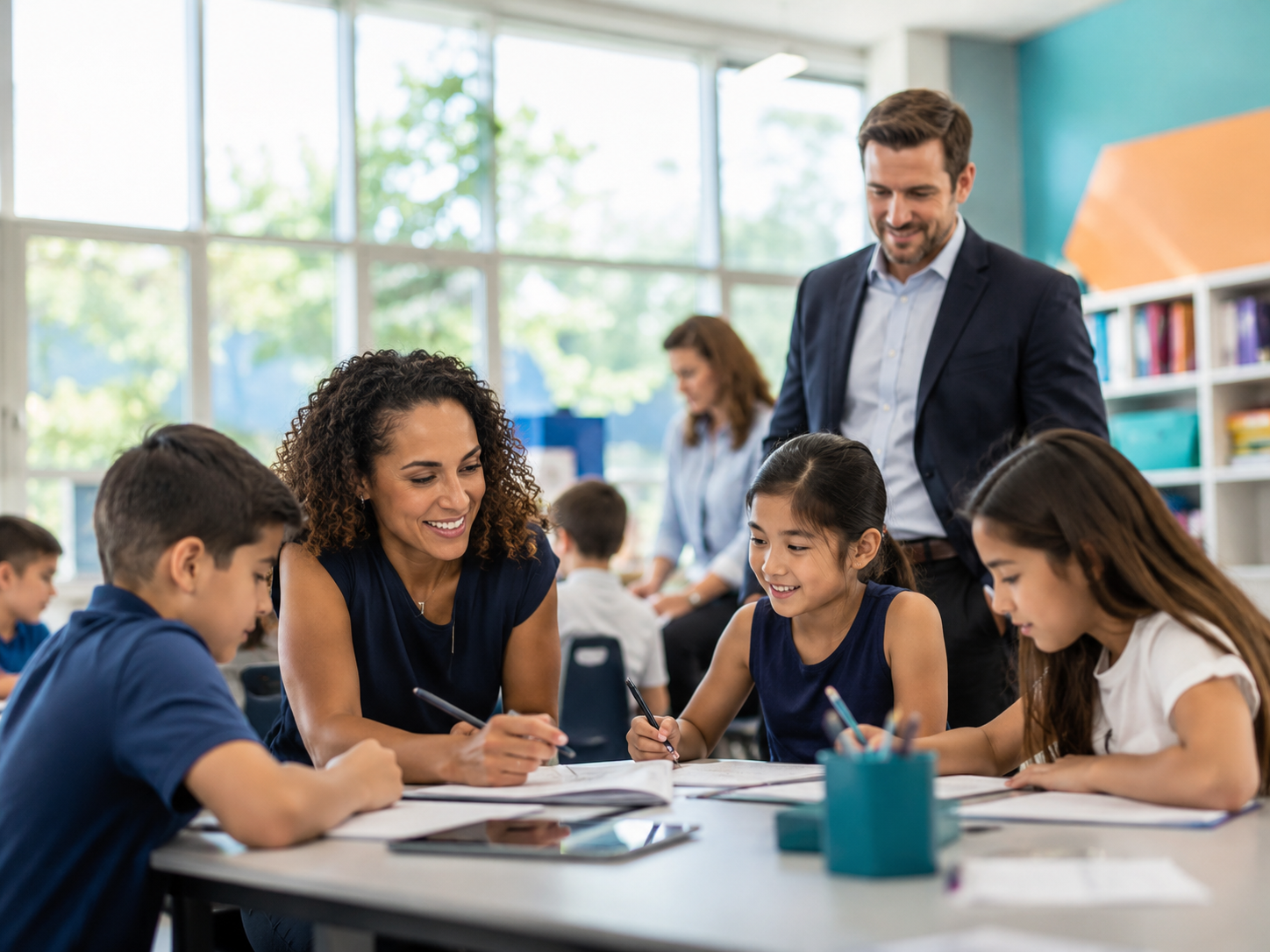 Teacher and students collaborating in a bright modern classroom